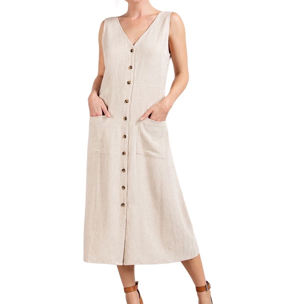 Joan Rivers Cream Button Front Sleeveless Midi Dress with Pockets Petite Large